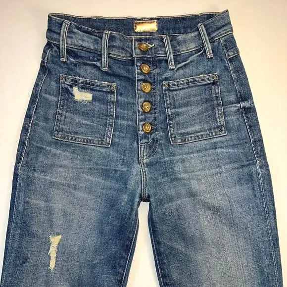 Mother The Patch Pocket Hustler Crop Jean Button Fly Half Raw Hem Size 25 - Picture 2 of 16